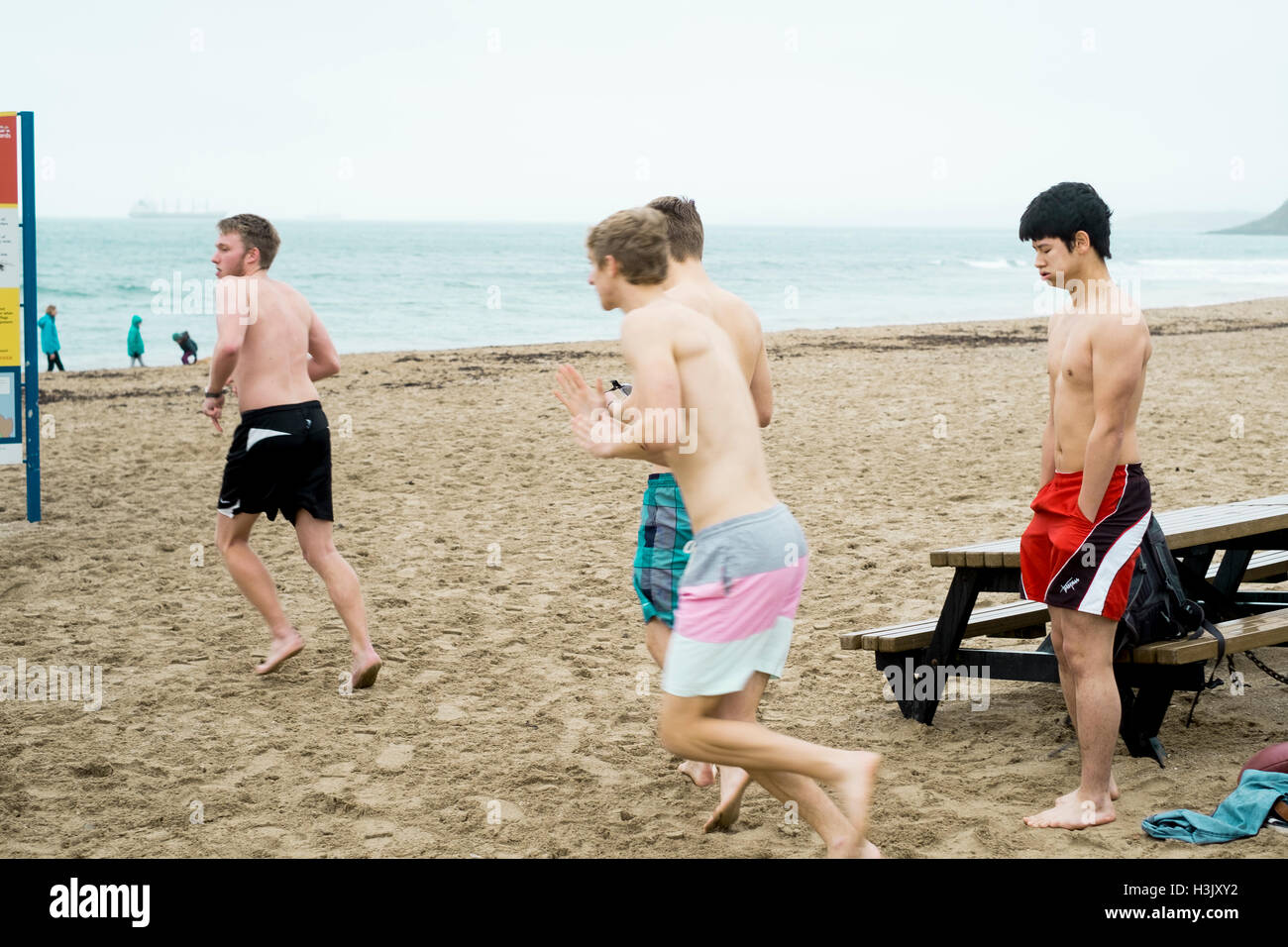 Four young men going for a swim at Gyllyngvase Beach, Falmouth. One less willing than the other three. 6/12/2016 Stock Photo