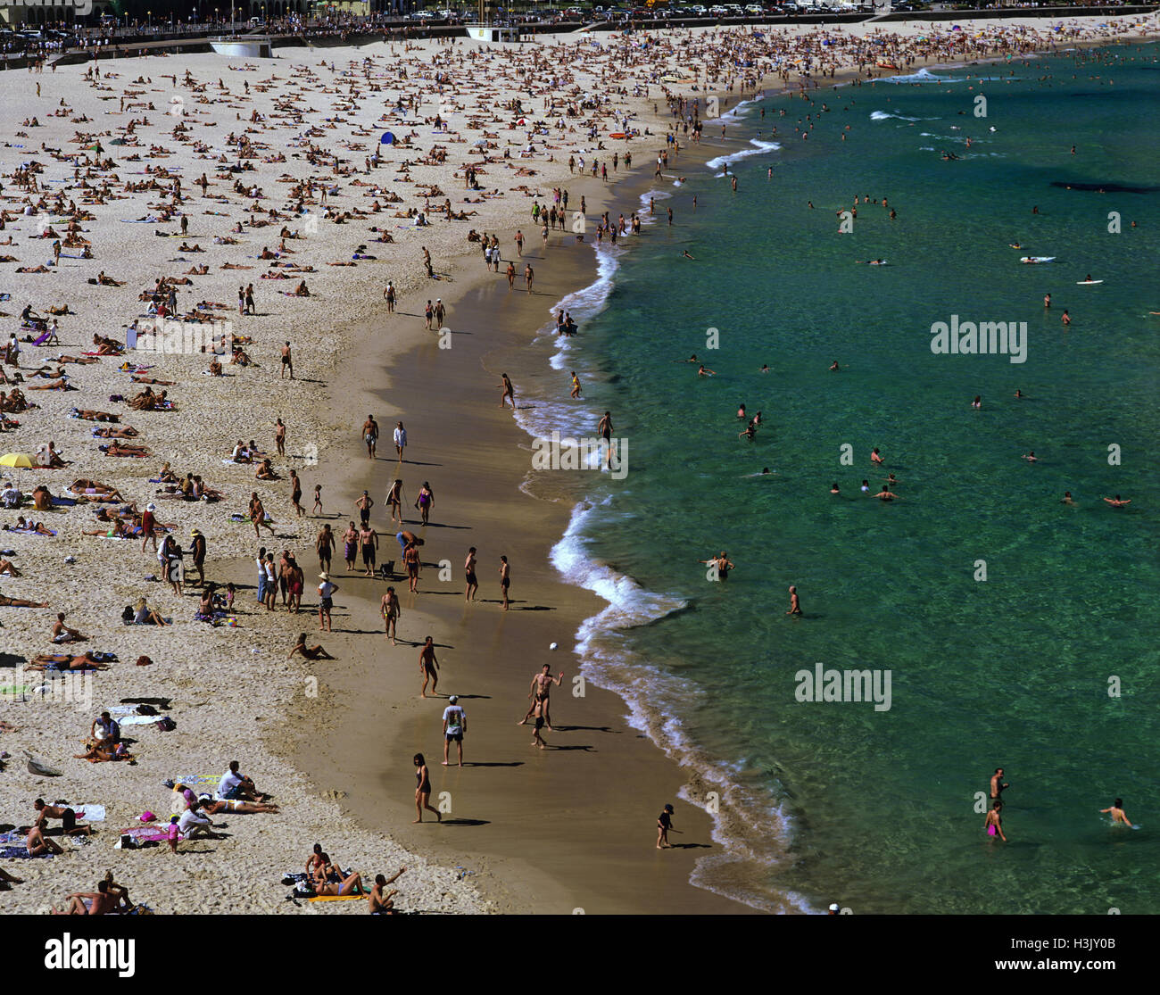 Bondi Beach, aerial photograph with large crowd of beachgoers. Stock Photo
