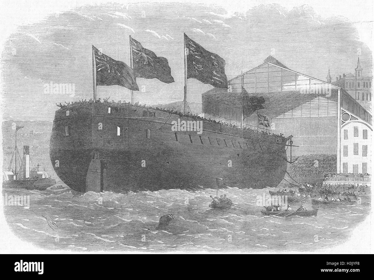 WOOLWICH HMS Caledonia launch 1862. Illustrated London News Stock Photo