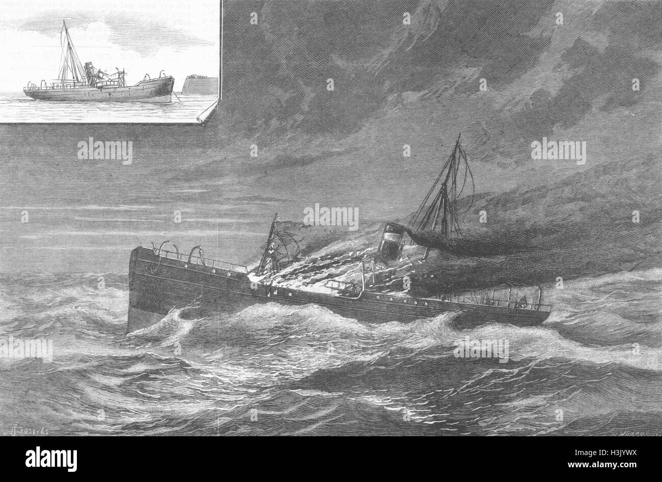 SHIPS Solway burning at sea-fire, Deck 1881. The Graphic Stock Photo