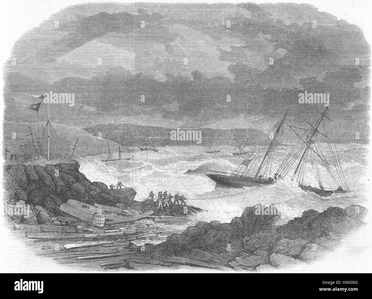 DEVON Ships aground, Batten Bay, Plymouth Sound 1865. Illustrated London News Stock Photo