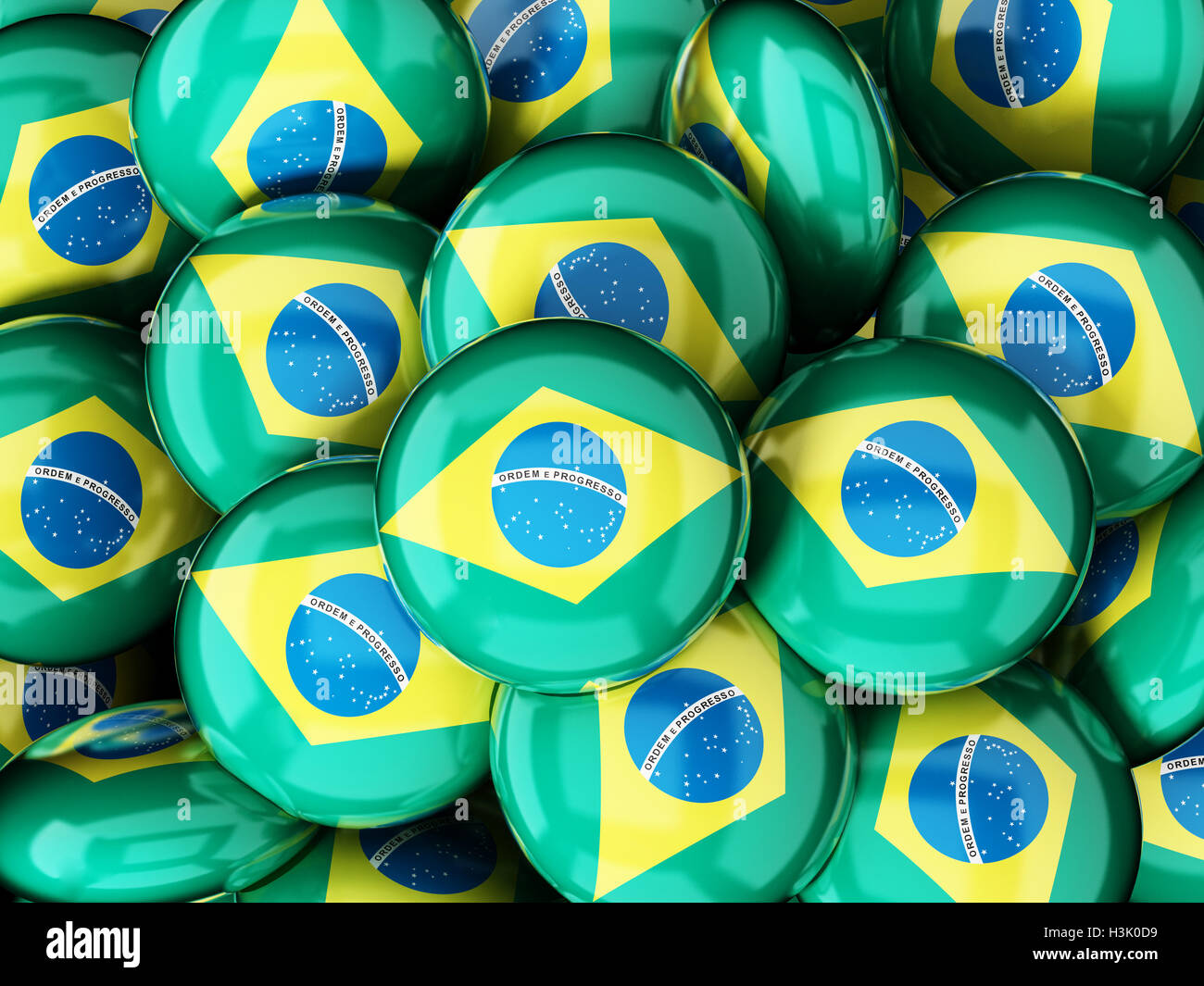 Stack of buttons with brazilian flag. 3D illustration. Stock Photo
