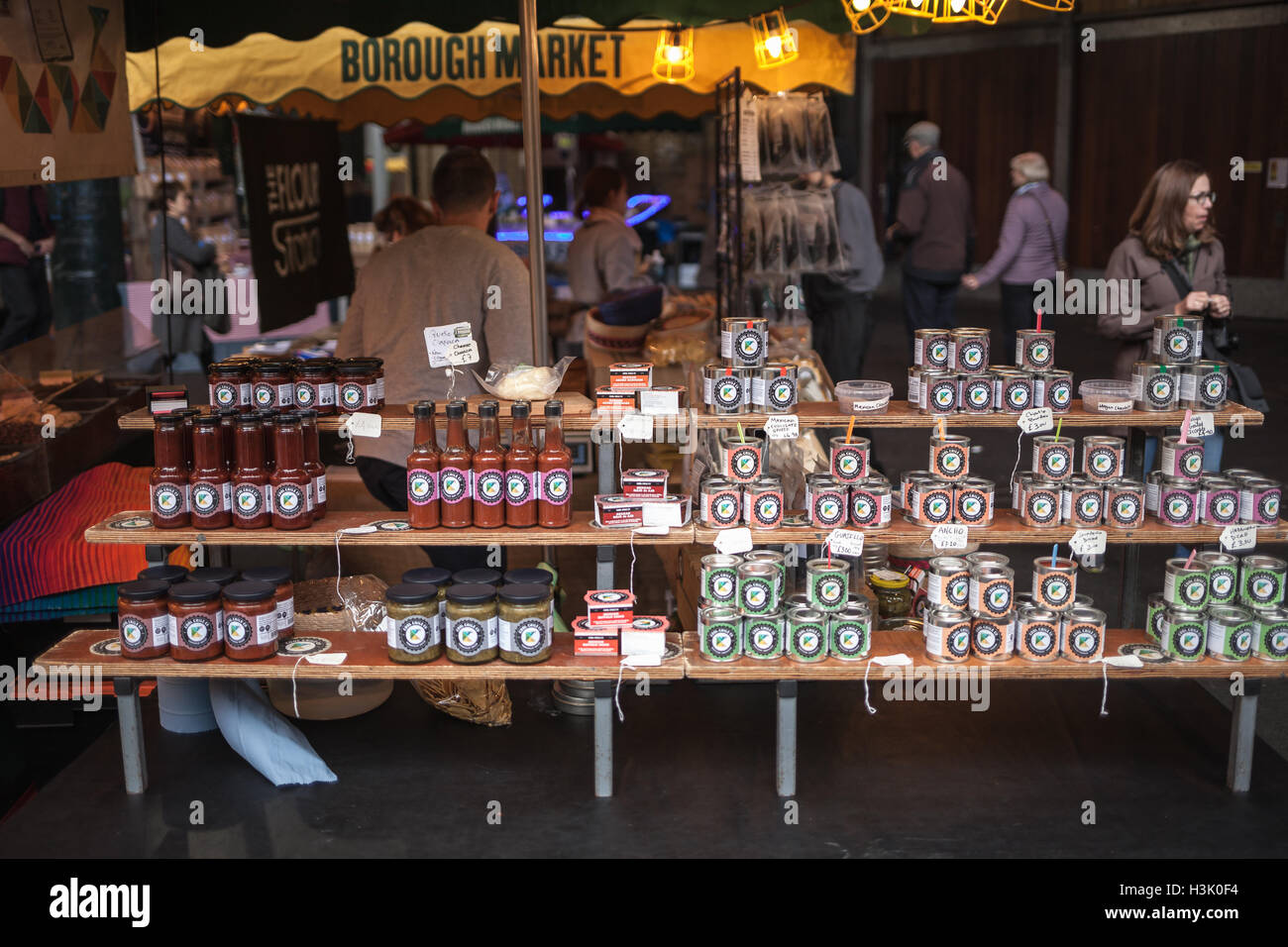 Mexican Cool Chile Co products: ketchup, sauce, magan chocolate in Borough market in London Stock Photo