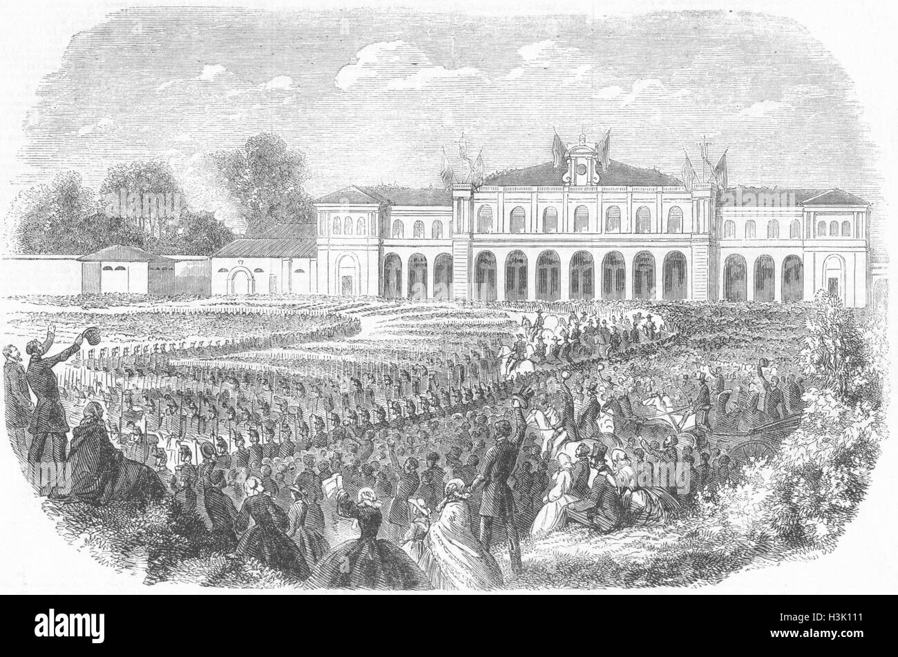 ITALY King of Sardinia, French troops, Turin station 1859. Illustrated News of the World Stock Photo