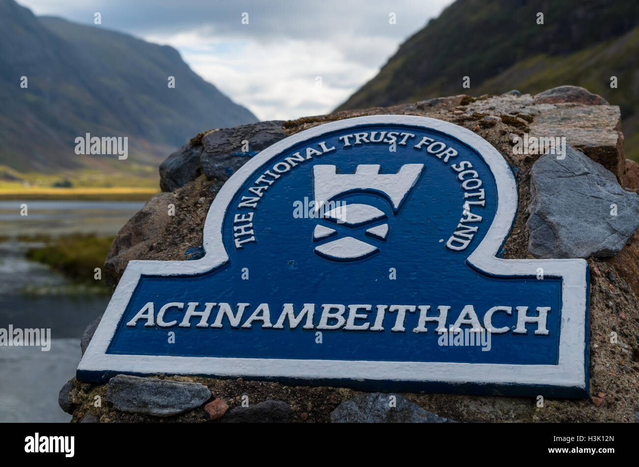 Sign at the Achnambeithach bridge near Loch Achtriochtan, Scotland Stock Photo