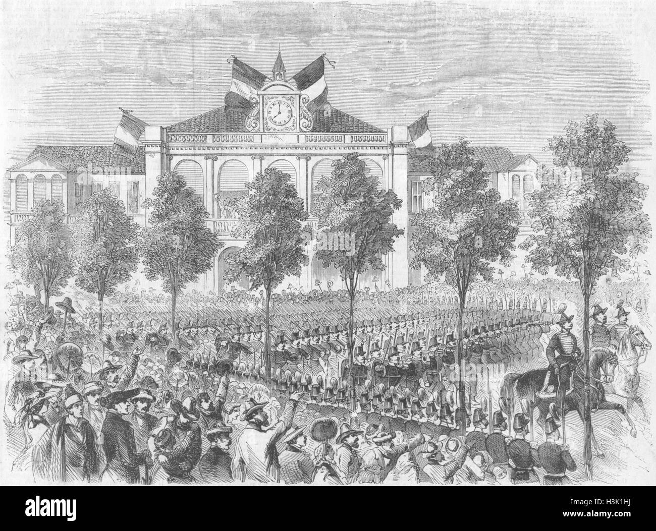 TURIN French troops(Chasseurs de Vincennes)rail 1859. Illustrated Times Stock Photo