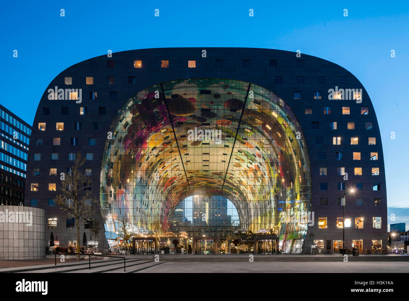Frontal elevation of curved building in context. Market Hall Stock