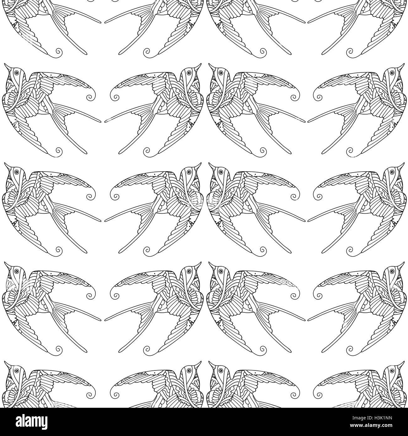 Seamless pattern with ornamental swallow bird flying hand drawn Stock ...