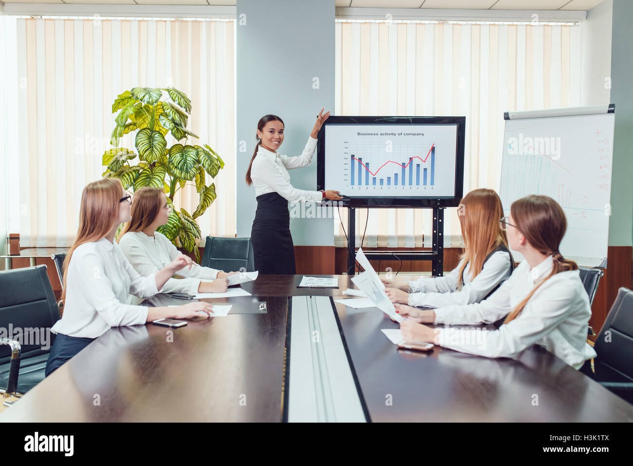 Asia Manager Asian manager presenting business activity plan to his colleagues Stock ...