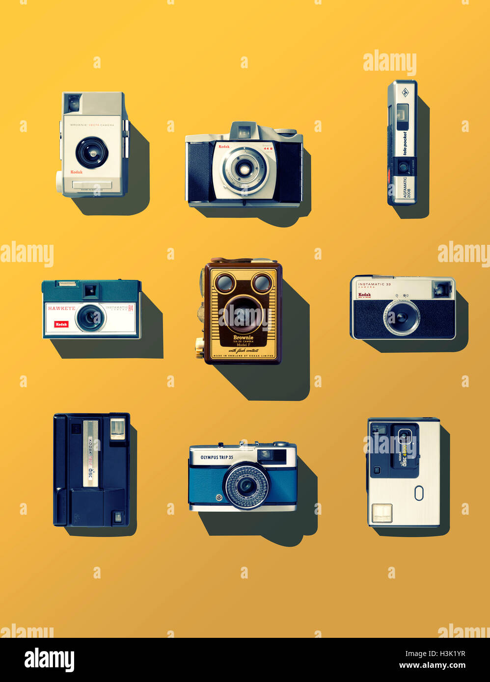 An overhead shot of a collection of vintage cameras. Stock Photo