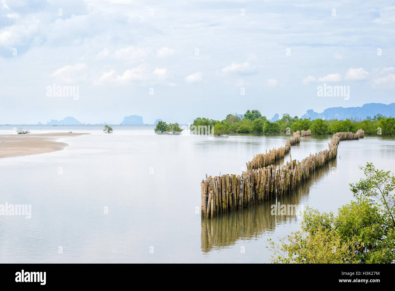 Seascape at Krabi Province, Thailand. Bamboo fence protected from sea waves, beach erosion. Stock Photo