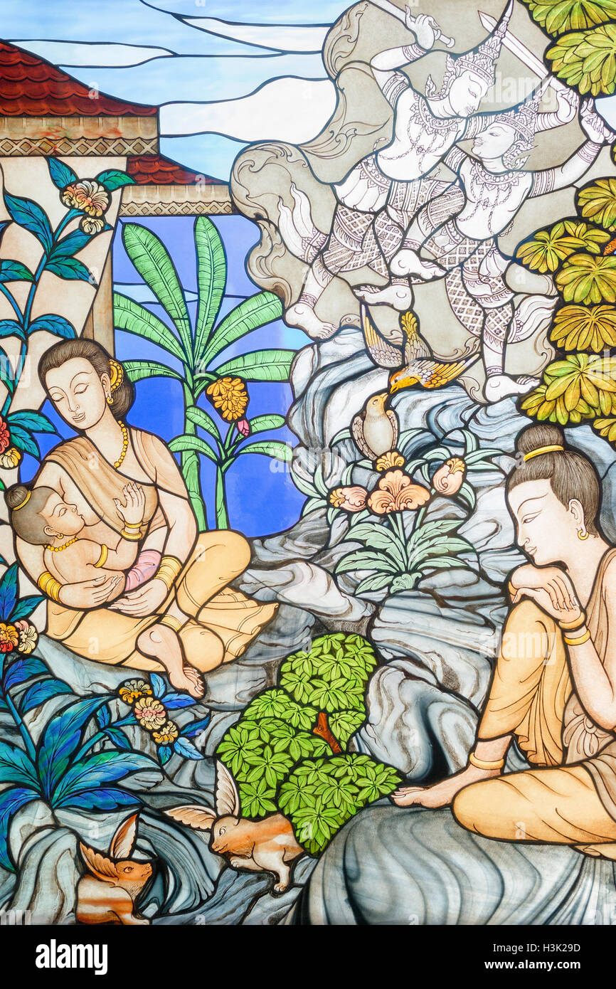 Prachuap Khiri Khan, Thailand: March 31, 2015 - Stained glass image is the story of Mahajanaka at Tangsai Thai Temple In Prachua Stock Photo