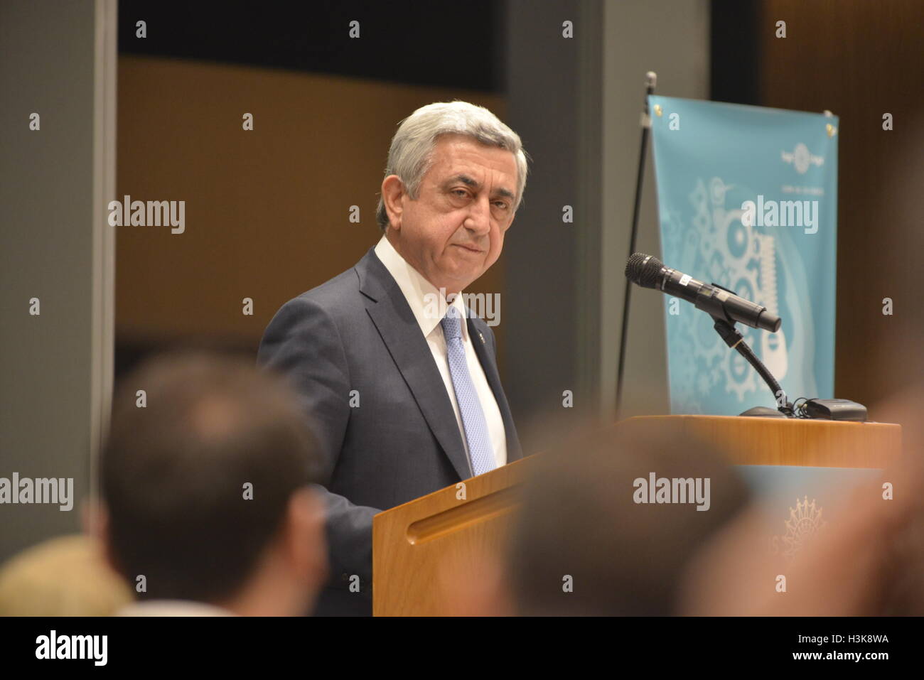 Cambridge, Massachusetts, USA. 29th Mar, 2016. Armenian President SERGE SARGSYAN speaking at the Samberg Center of the Massachusetts Institute of Technology (MIT) for the LUYS FOUNDATION gala evening. © Kenneth Martin/ZUMA Wire/Alamy Live News Stock Photo
