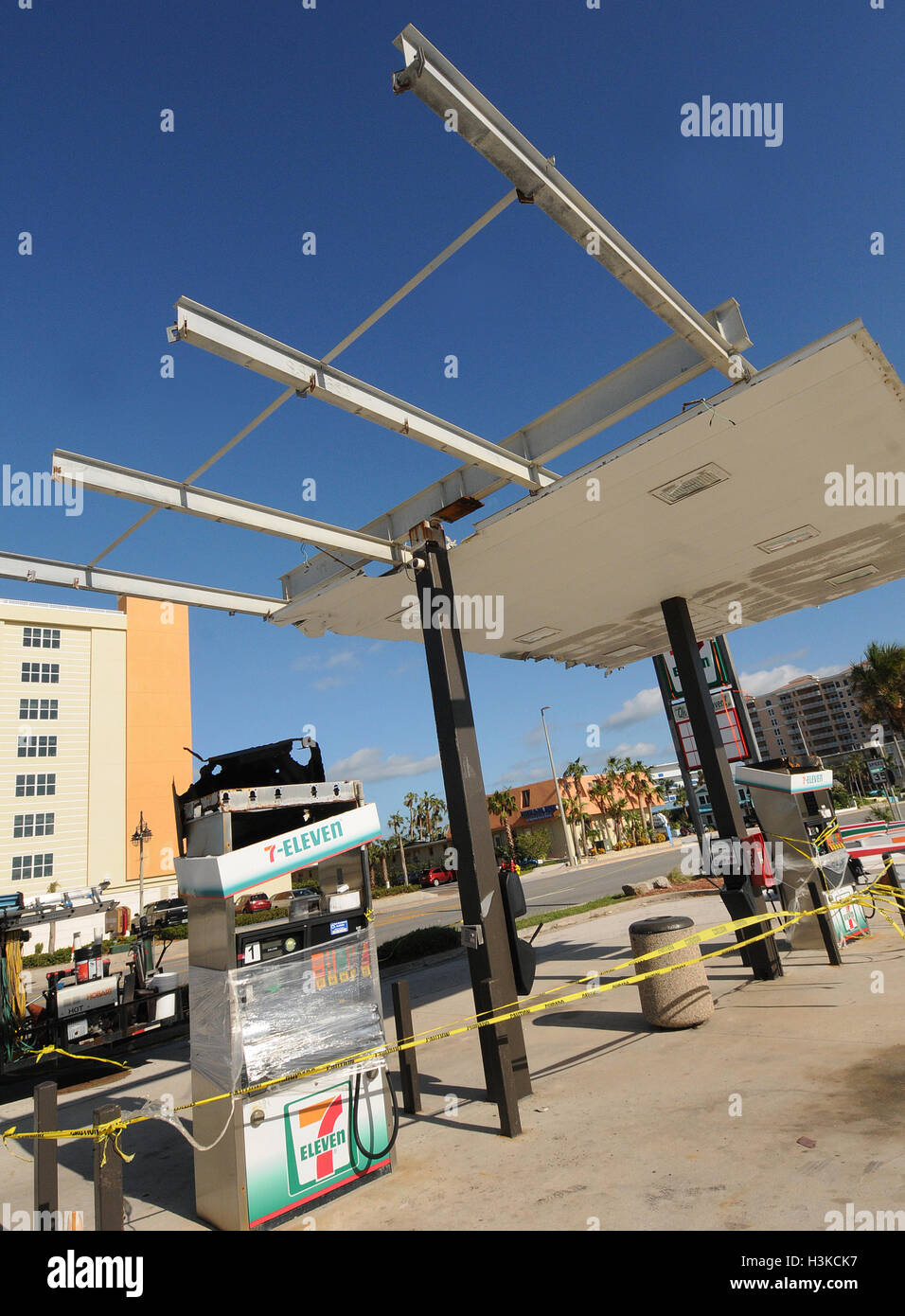 Daytona Beach, Florida, USA. 09th Oct, 2016. The damaged roof structure at a gas station is seen two days after Hurricane Matthew slammed Daytona Beach, Florida on October 7, 2016. Matthew is one of the strongest hurricanes to ever batter the U.S. coast. © Paul Hennessy/Alamy Live News Credit:  Paul Hennessy/Alamy Live News Stock Photo