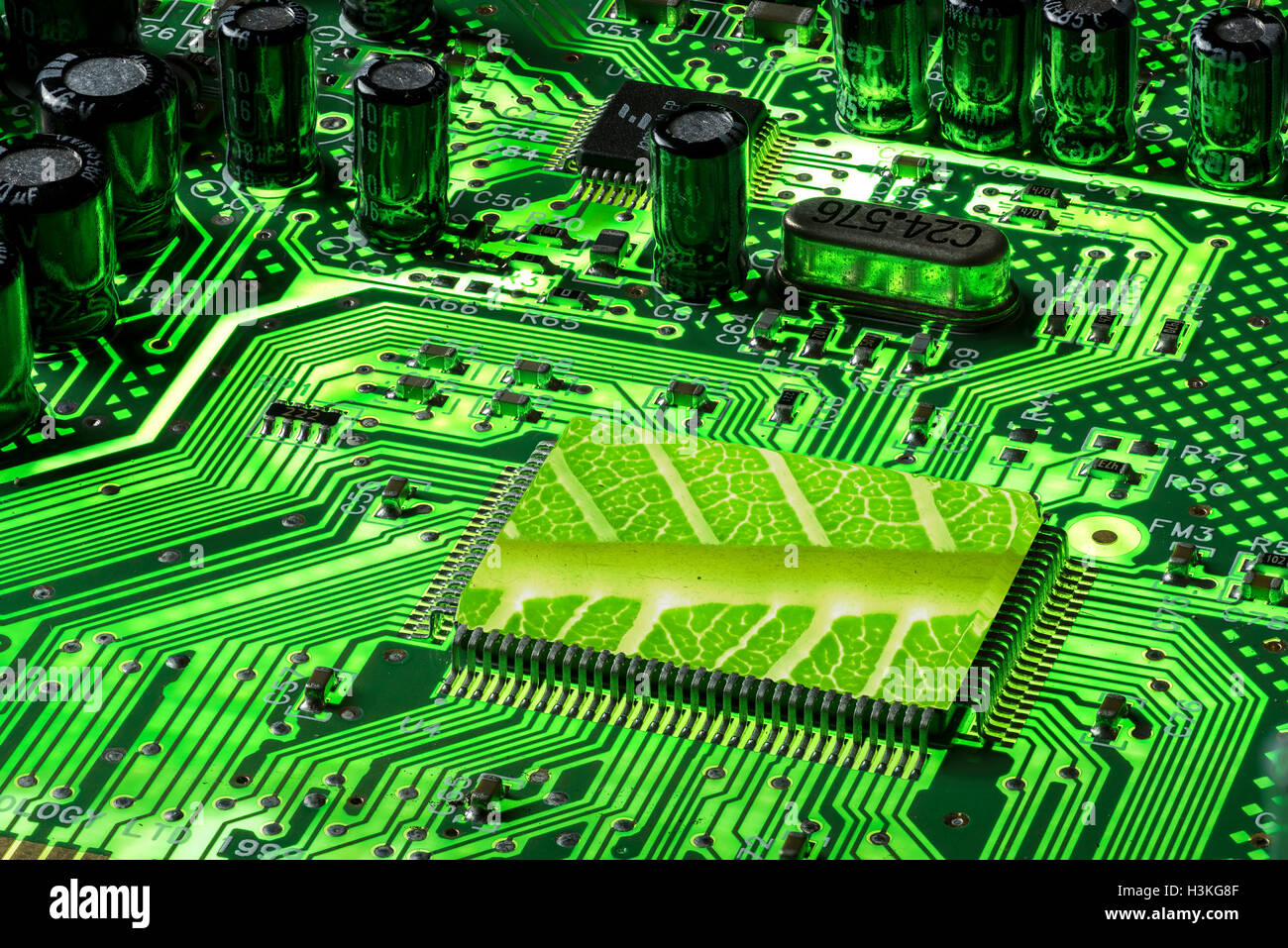 Fluorescent, glow-in-the-dark green motherboard with a leaf texture CPU Stock Photo