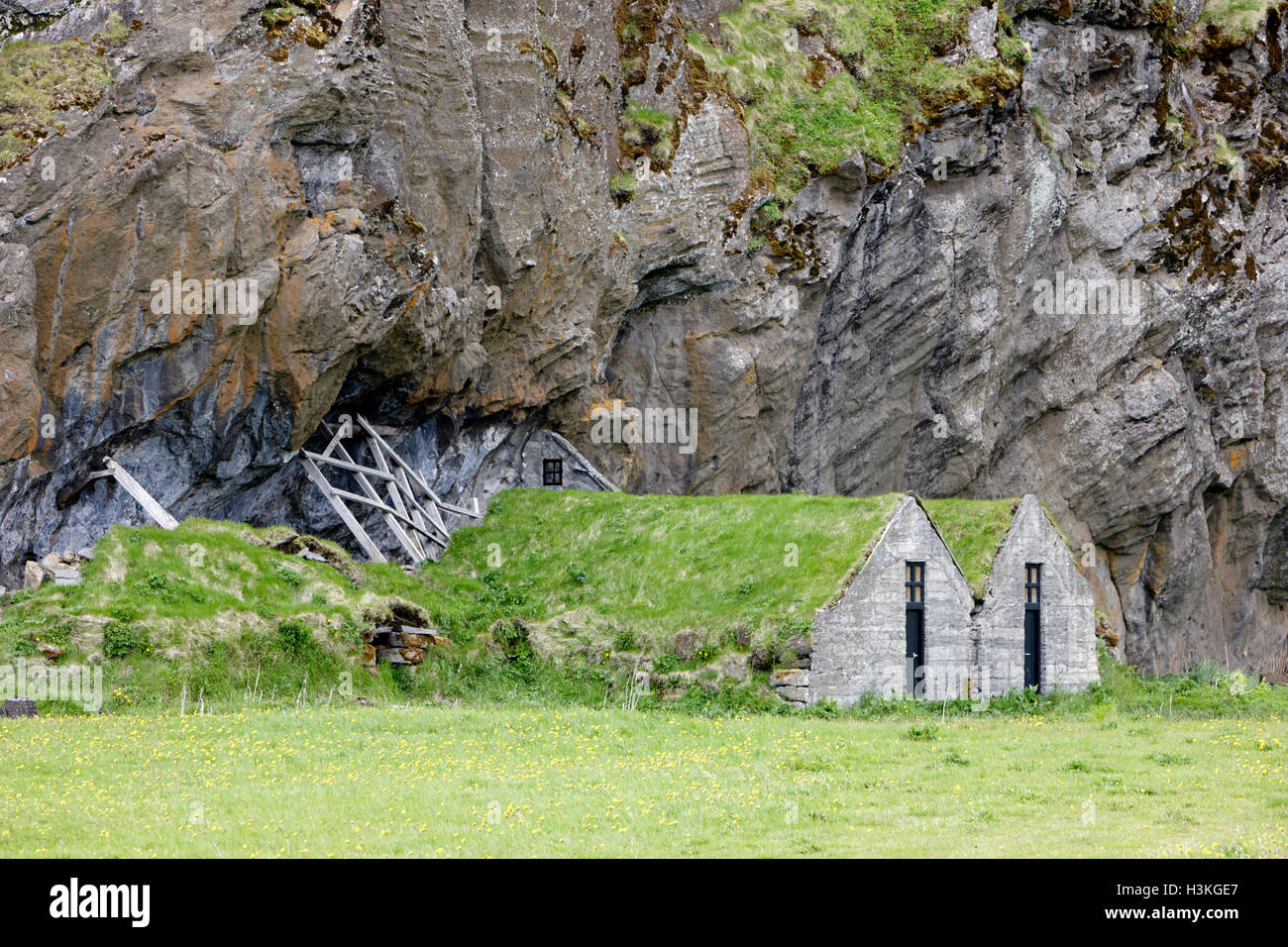 abandoned covered icelandic turf houses now used as a field store iceland Stock Photo