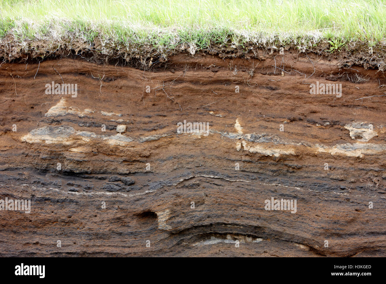 soil strata cross section including layers of volcanic ash Iceland Stock Photo