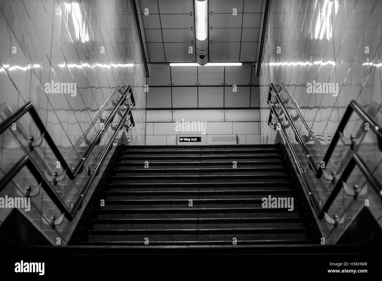 Stairs at Holloway Road Underground Station Tube line in black and white Stock Photo
