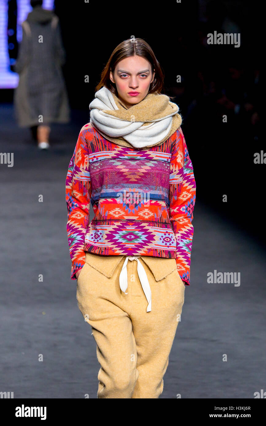 BARCELONA - FEB 5: A model walks the runway for the Aldomartins collection at the 080 Barcelona Fashion Week 2015 Fall Winter on Stock Photo