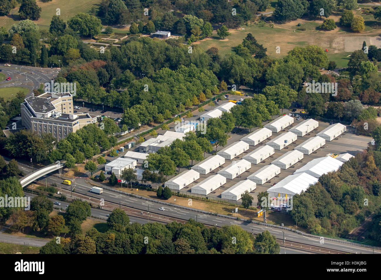 Aerial picture, refugee's tents in the bush mill to the south Radisson Blu hotel of Dortmund, Dortmund, Ruhr area, Stock Photo