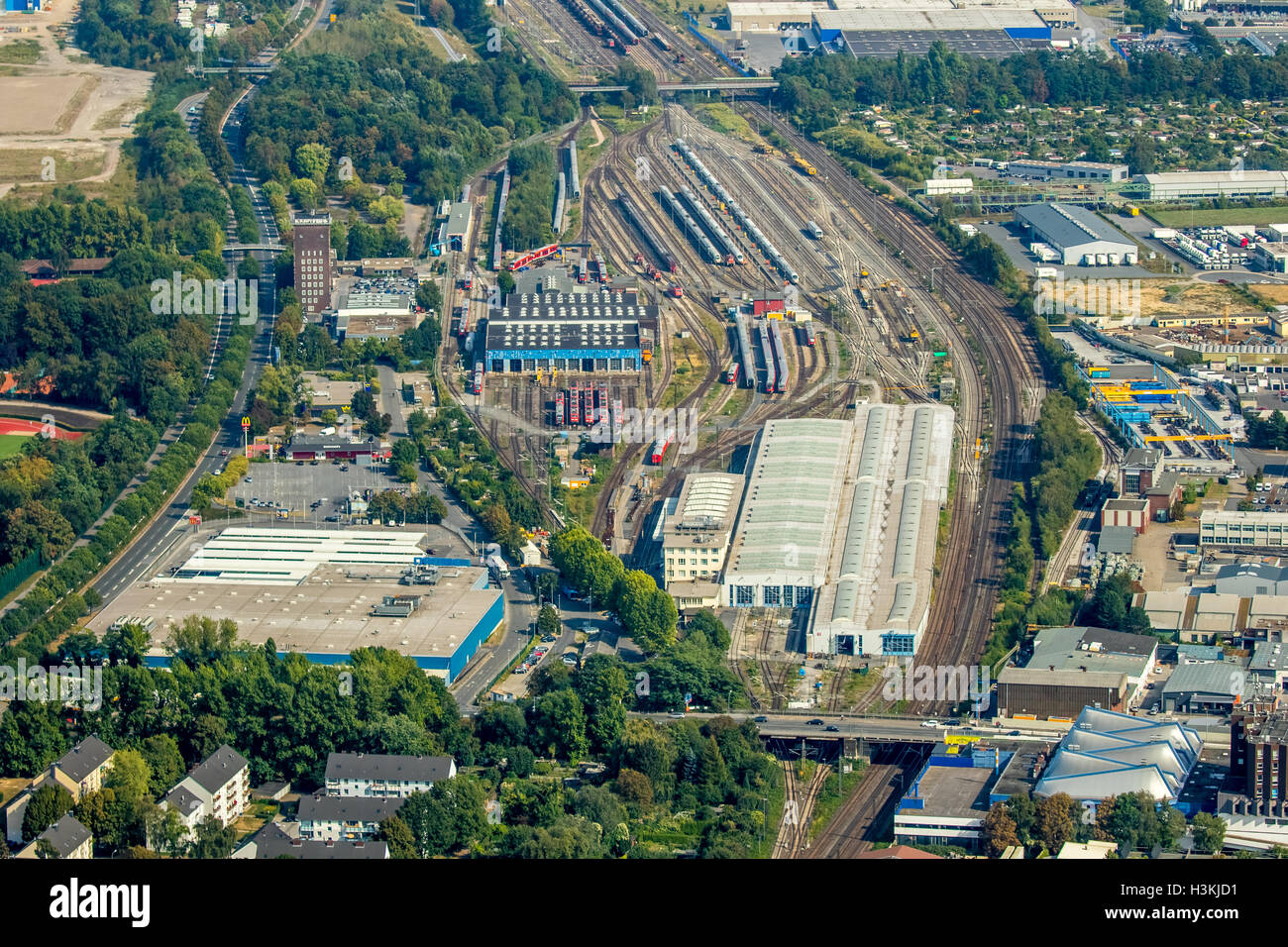 Aerial picture, German Railways work, railway depot Werkmeisterstrasse, railway tracks, Dortmund, Ruhr area, Stock Photo