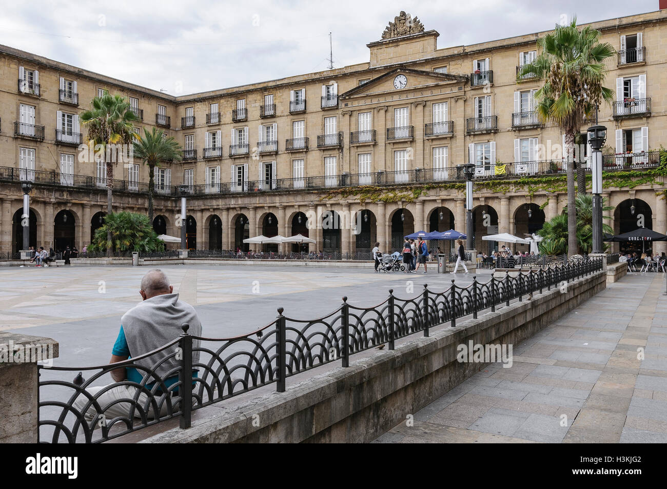 People sitting in Plaza Nueva, Bilbao, Biscay, Basque Country, Spain, Europe Stock Photo