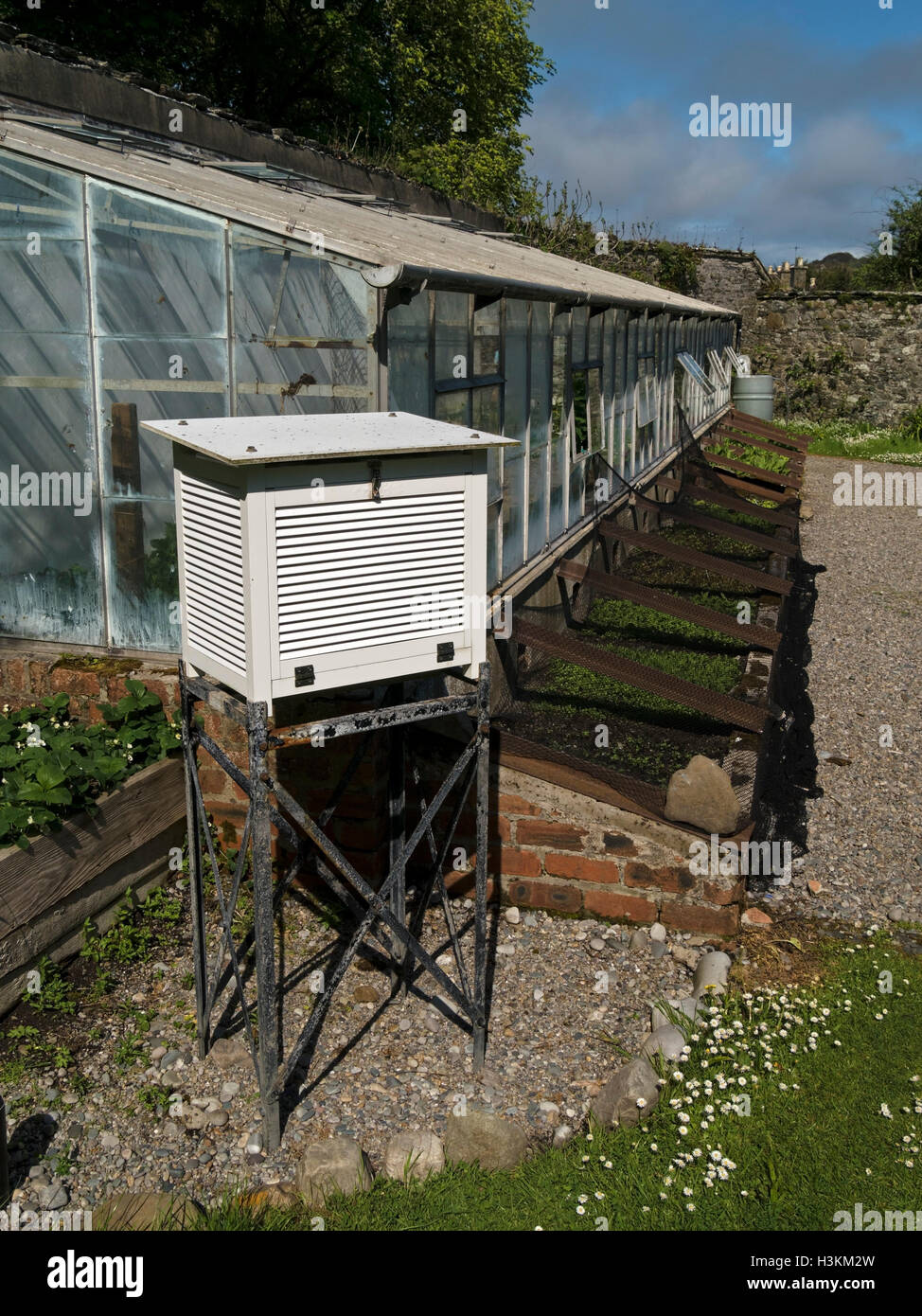 White weather station box by greenhouse, Colonsay House Gardens, Isle of Colonsay, Scotland, UK. Stock Photo