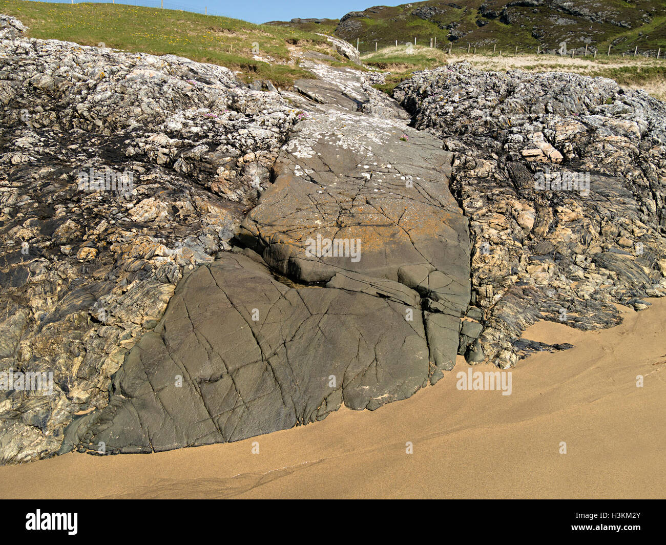 Volcanic siluro devonian lamprophyre dyke penetrating sedimentary rock breccia, Kiloran, Isle of Colonsay, Scotland, UK. Stock Photo