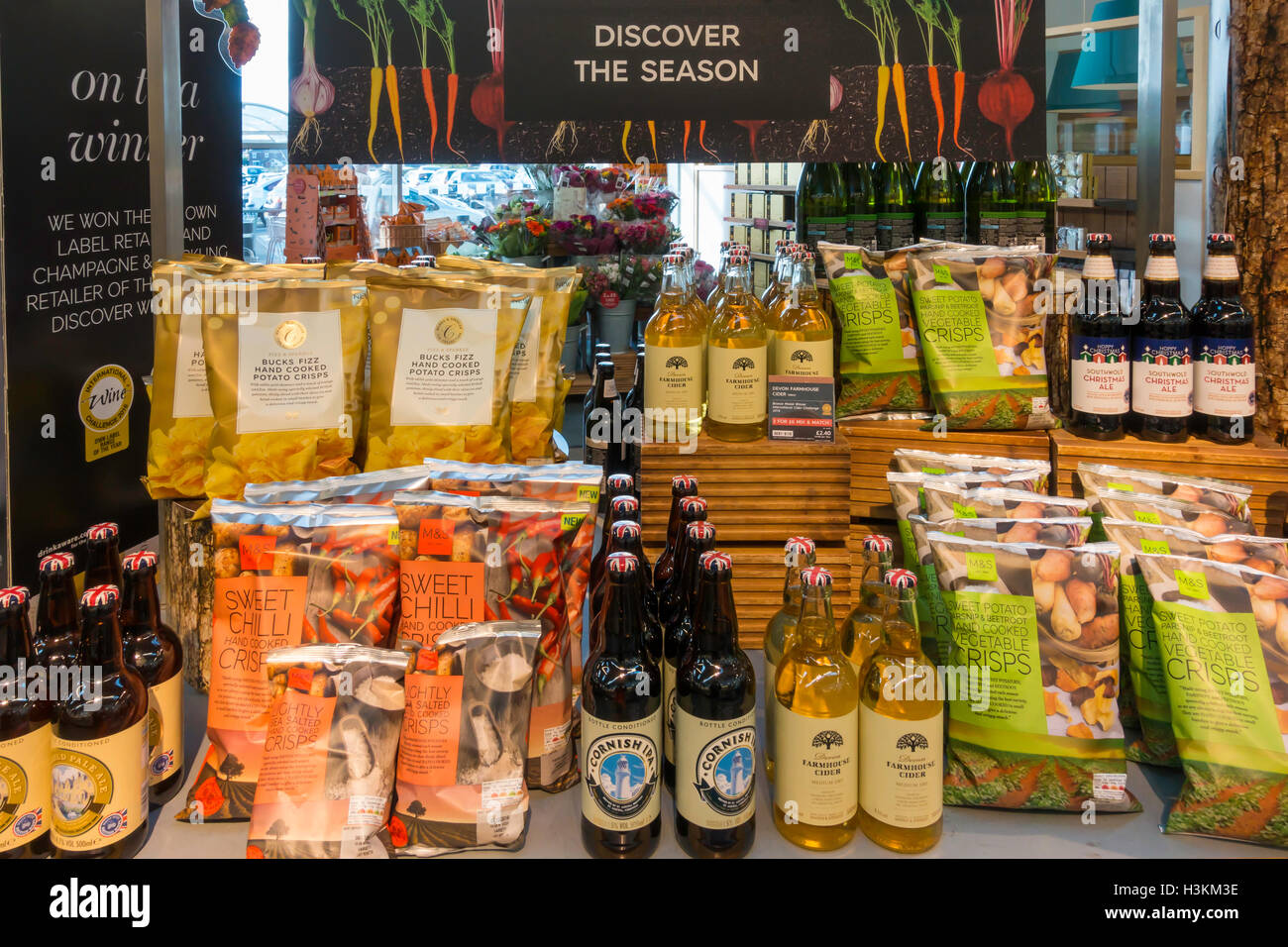 Marks And Spencers Food Seasonal Display Of British Snacks Beer And Cider Marks And Spencers Food Seasonal Display Of British Snacks Beer And Cider