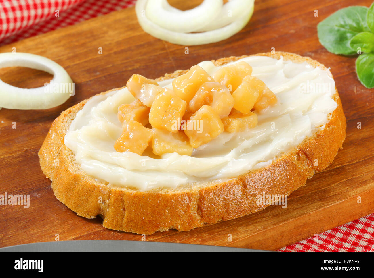 Slice of bread with lard and greaves Stock Photo Alamy