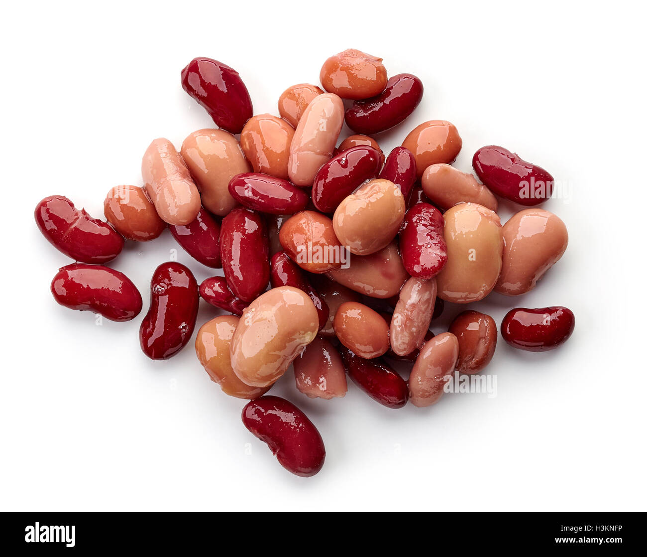 Various types of canned beans isolated on white background, top view