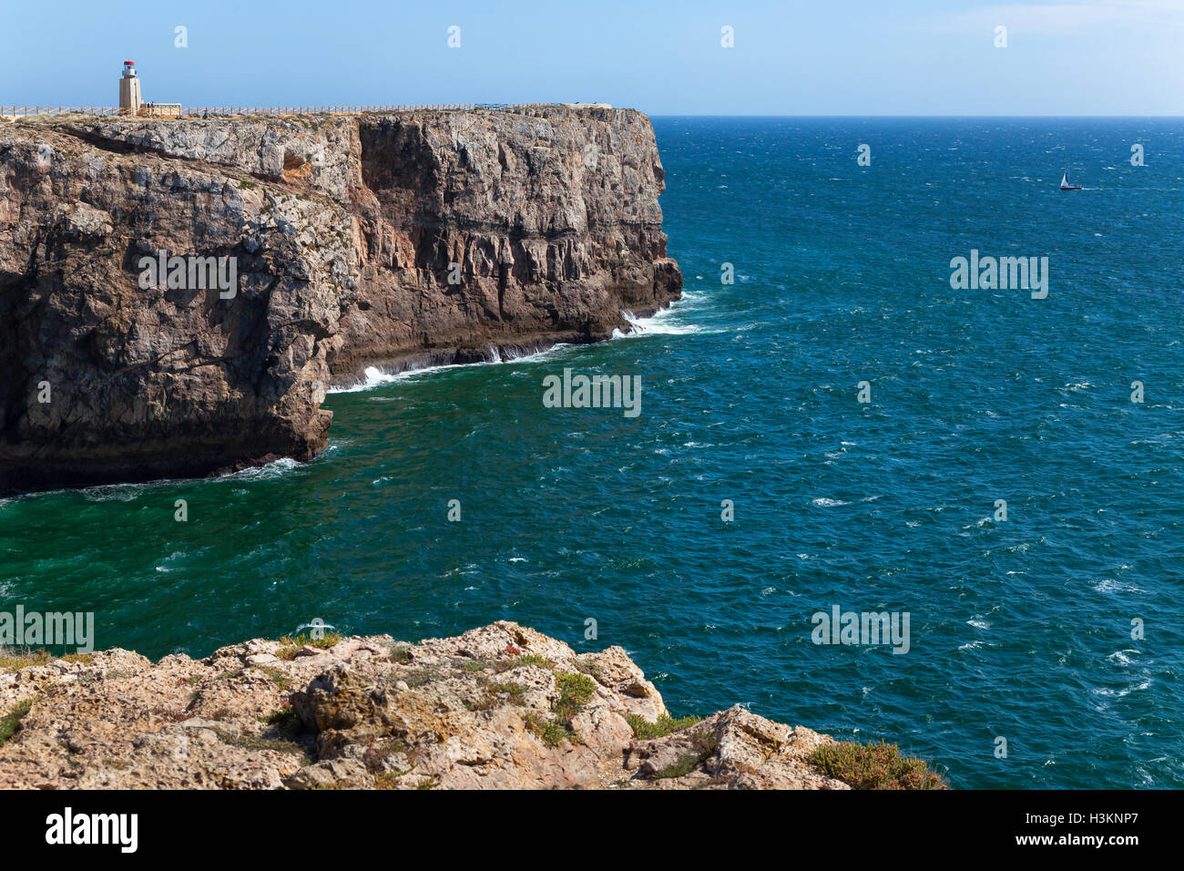 Algarve rocky coast near Sagres, fortress Fortaleza de Sagres, Portugal Stock Photo