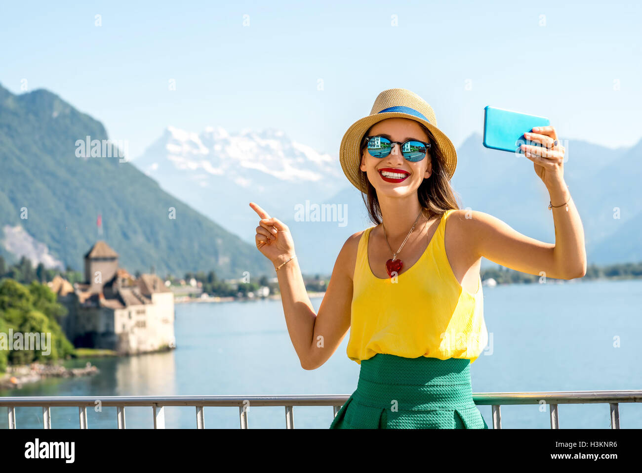 Woman traveling in Switzerland Stock Photo