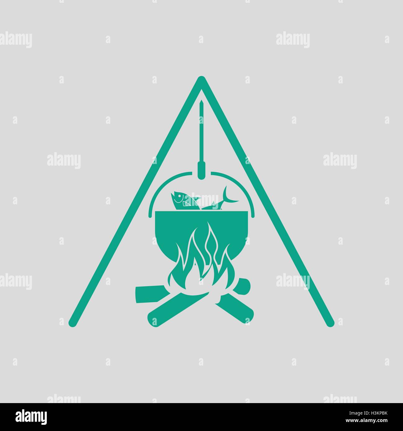 Icon of fire and fishing pot. Gray background with green. Vector ...