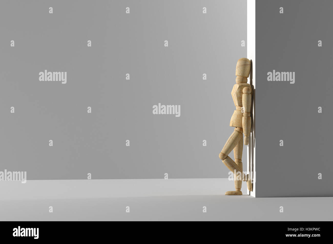 3d rendering of wooden mannequin toy prototype of human in gray empty