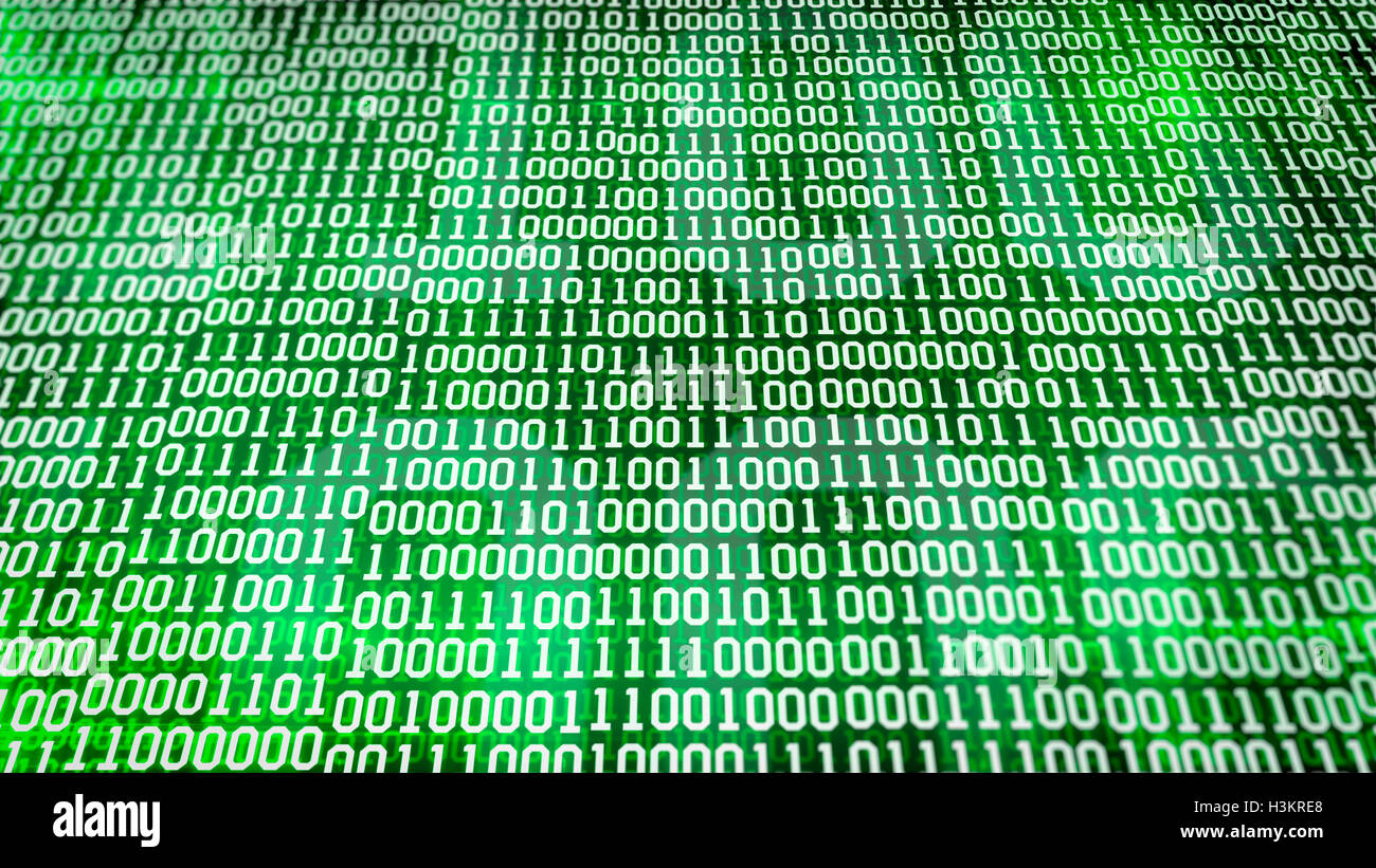 binary code screen listing table on green background Stock Photo