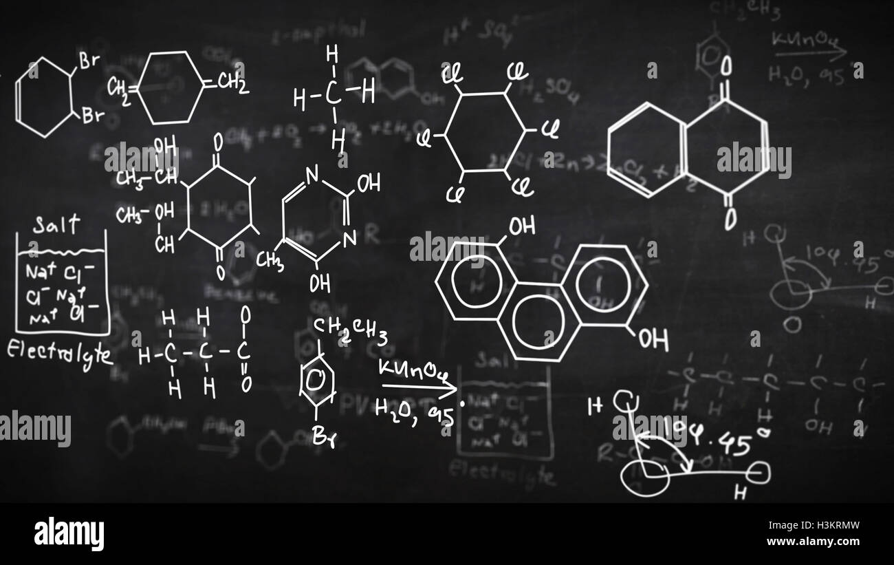 Chemical formulas written on chalkboard background Stock Photo Alamy