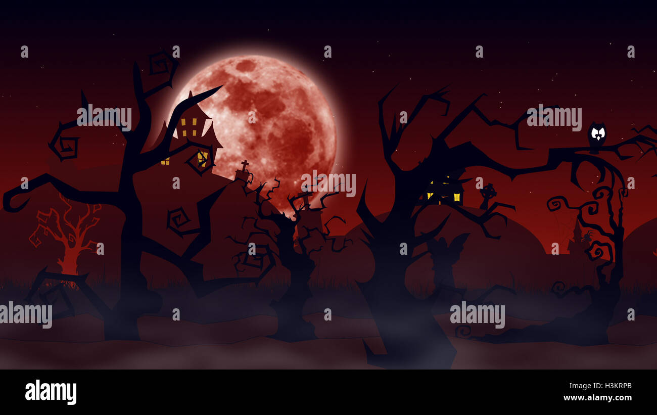 Halloween background. Spooky forest with dead trees and flying bats and ...