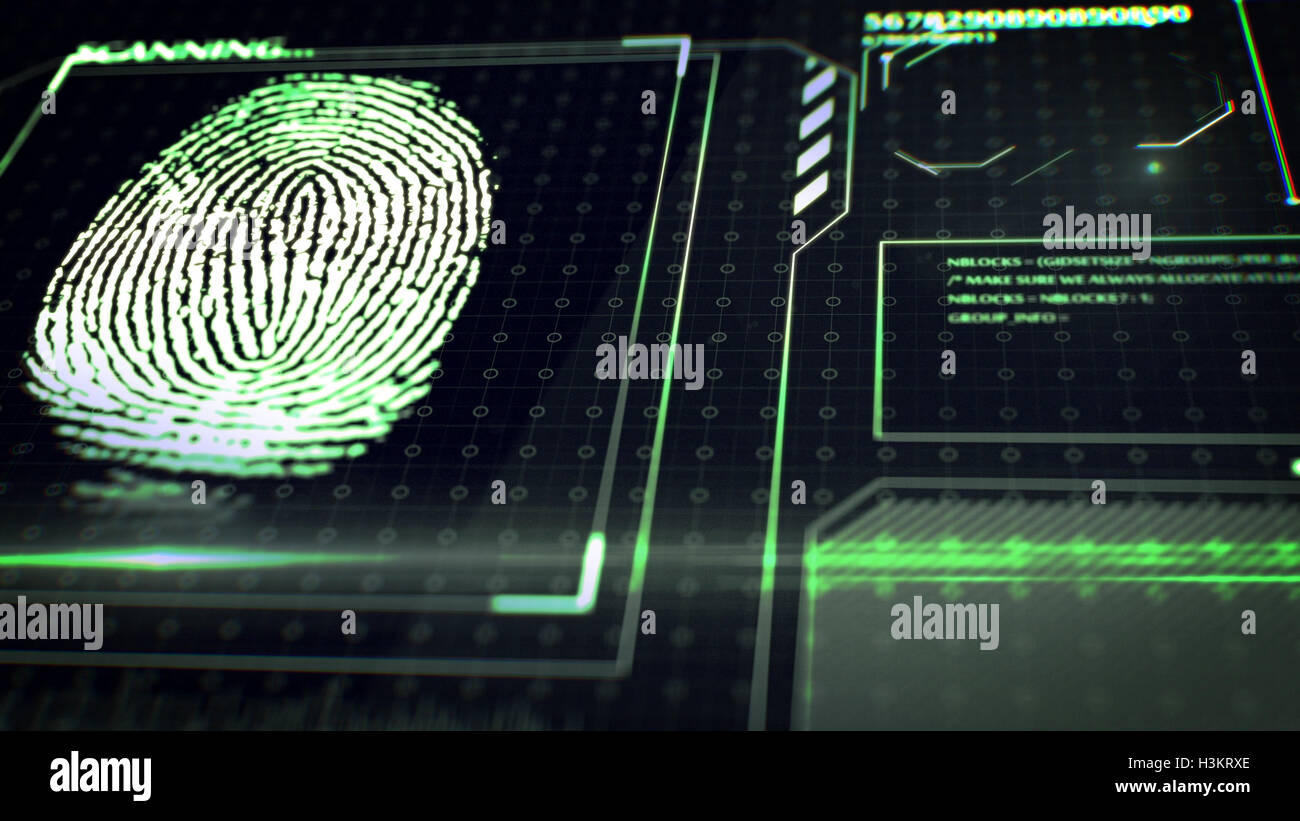3D rendering of Scanning fingerprint. Interface HUD. Abstract ...
