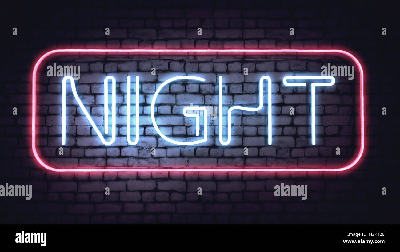 Neon NIGHT sign on a white brick wall. Illustration Stock Photo - Alamy