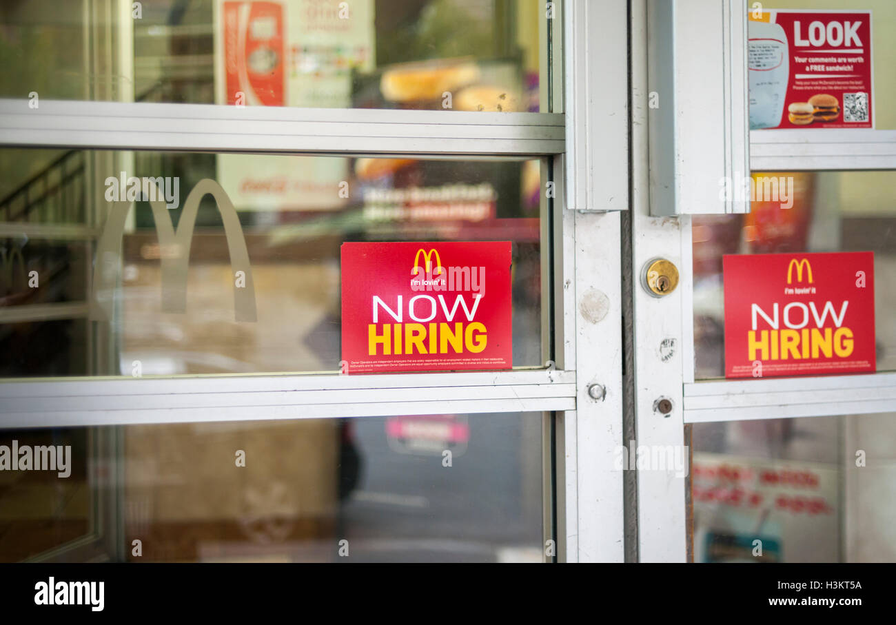 A sign in the window of a McDonald's in New York advises potential job applicants of the opportunities available in the fast food industry, seen on Sunday, October 2, 2016.  (© Richard B. Levine) Stock Photo