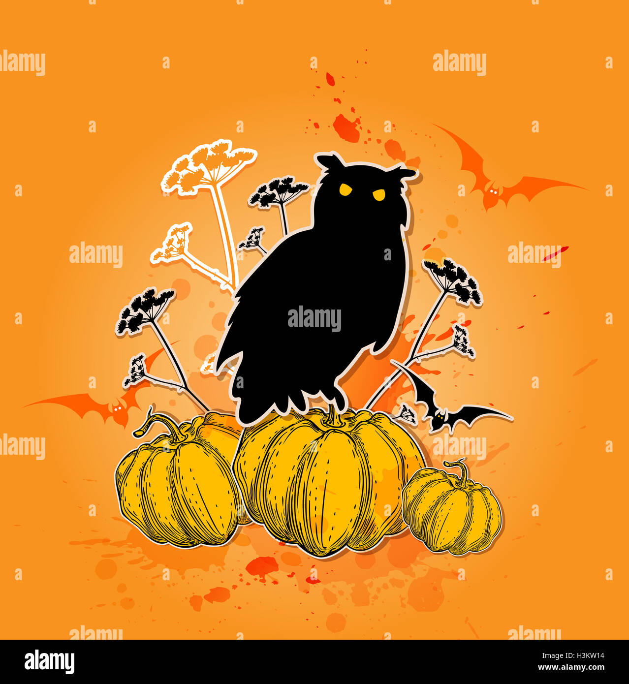 Halloween background with silhouette of owl and pumpkins Stock Photo ...