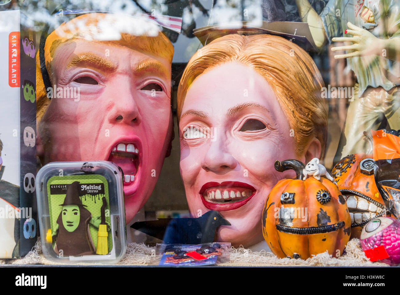 Donald Trump and Hillary Clinton masks in store window Stock Photo