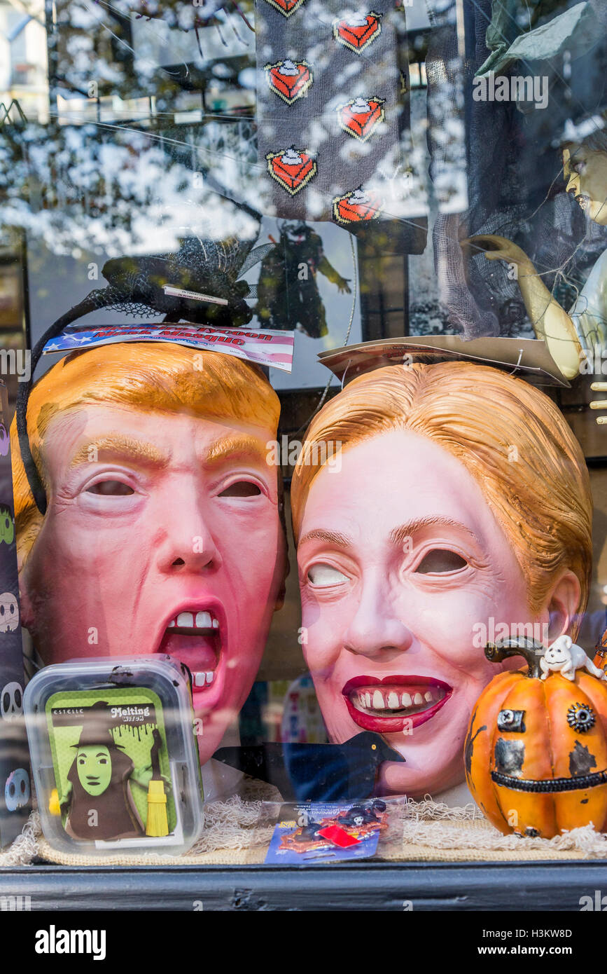 Donald Trump and Hillary Clinton masks in store window Stock Photo