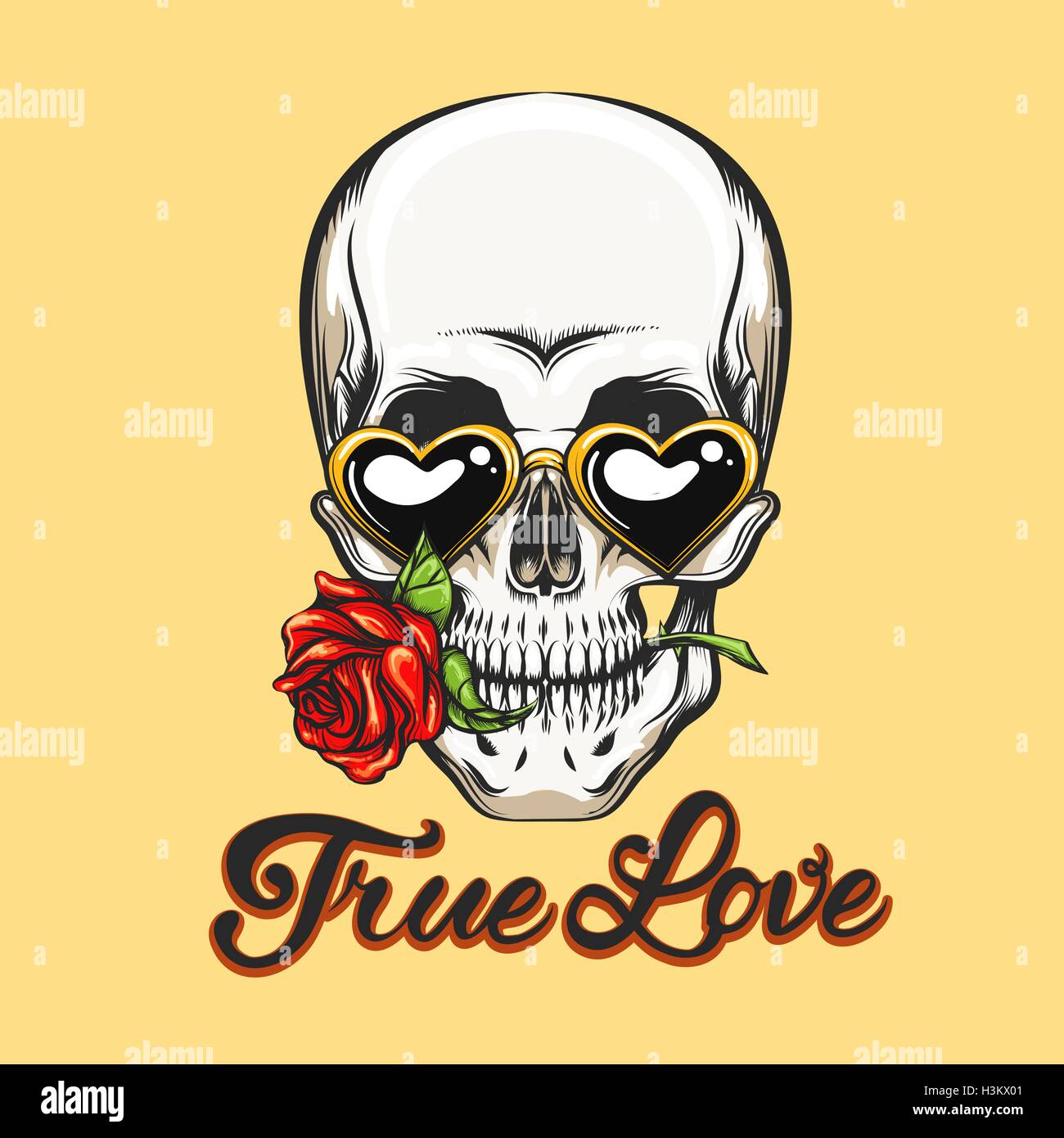 Human skull in heart shaped glasses with rose flower in a mouth and hand-written lettering True Love. Vector illustration Stock Vector