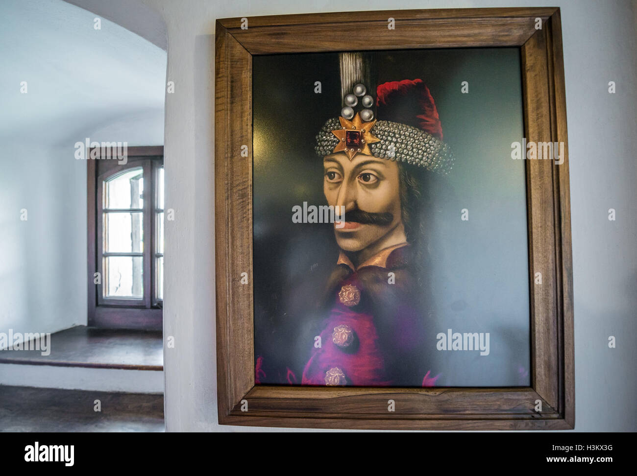 Portrait of Vlad the Impaler in Bran Castle, Romania called Dracula's Castle, home of title character in Bram Stoker's 'Dracula' Stock Photo