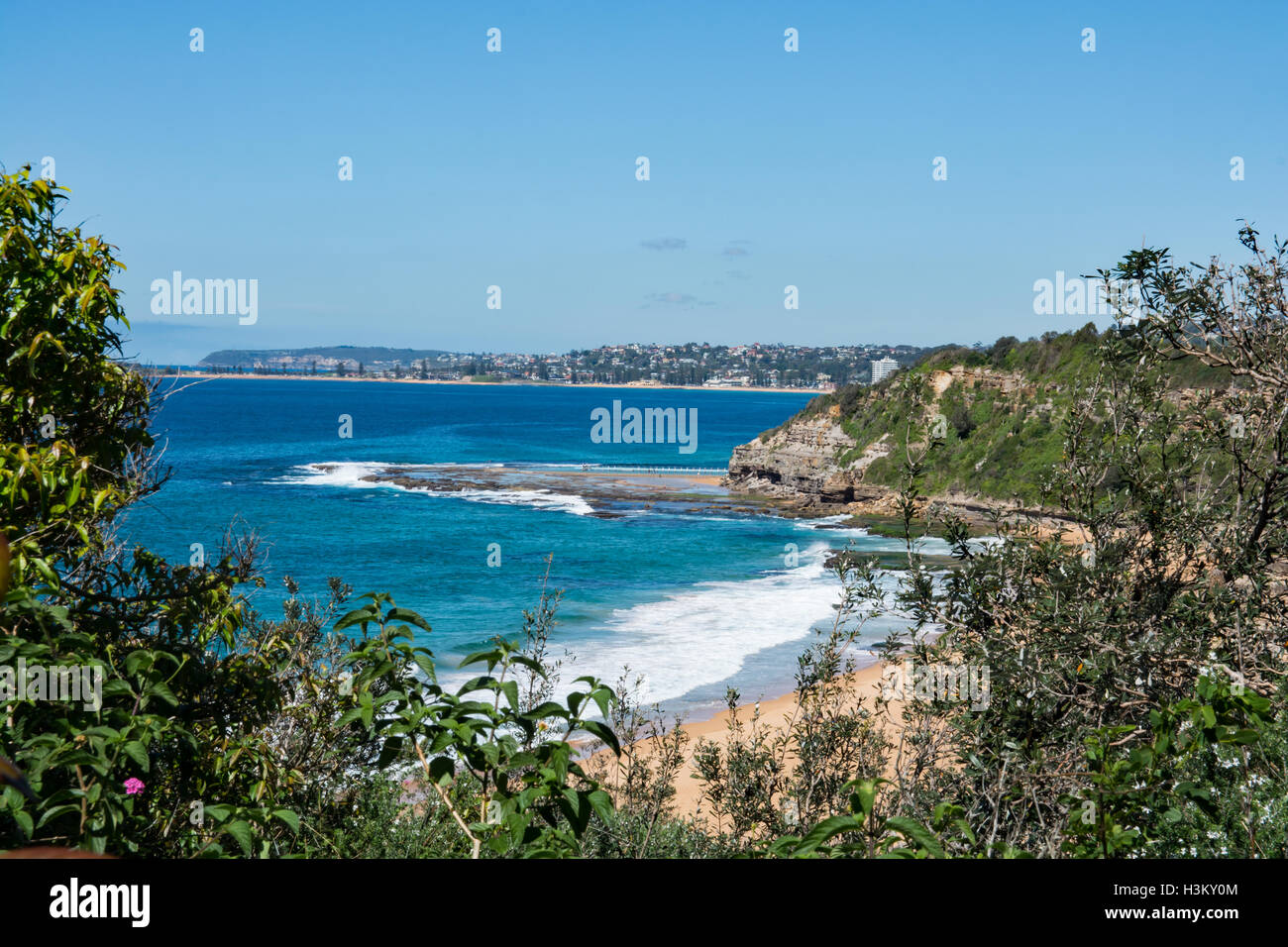 Narrabeen Head and beach from Turimetta Head.Sydney Australia Stock Photo