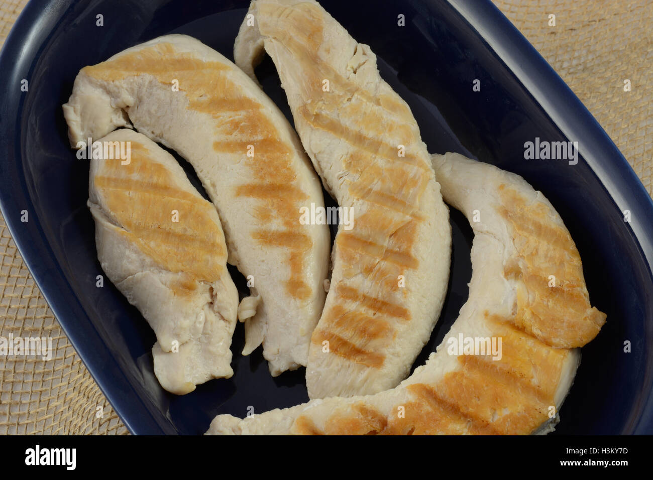 Close up of grilled turkey tenderloin fillets in blue dish Stock Photo ...