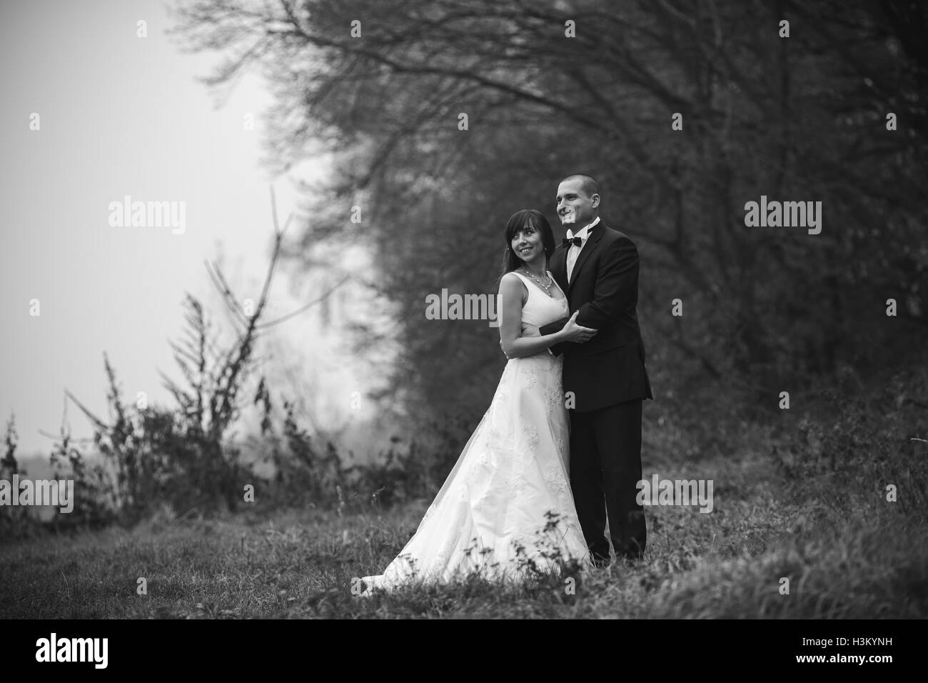 happy bride and groom posing in the autumn forest Stock Photo - Alamy