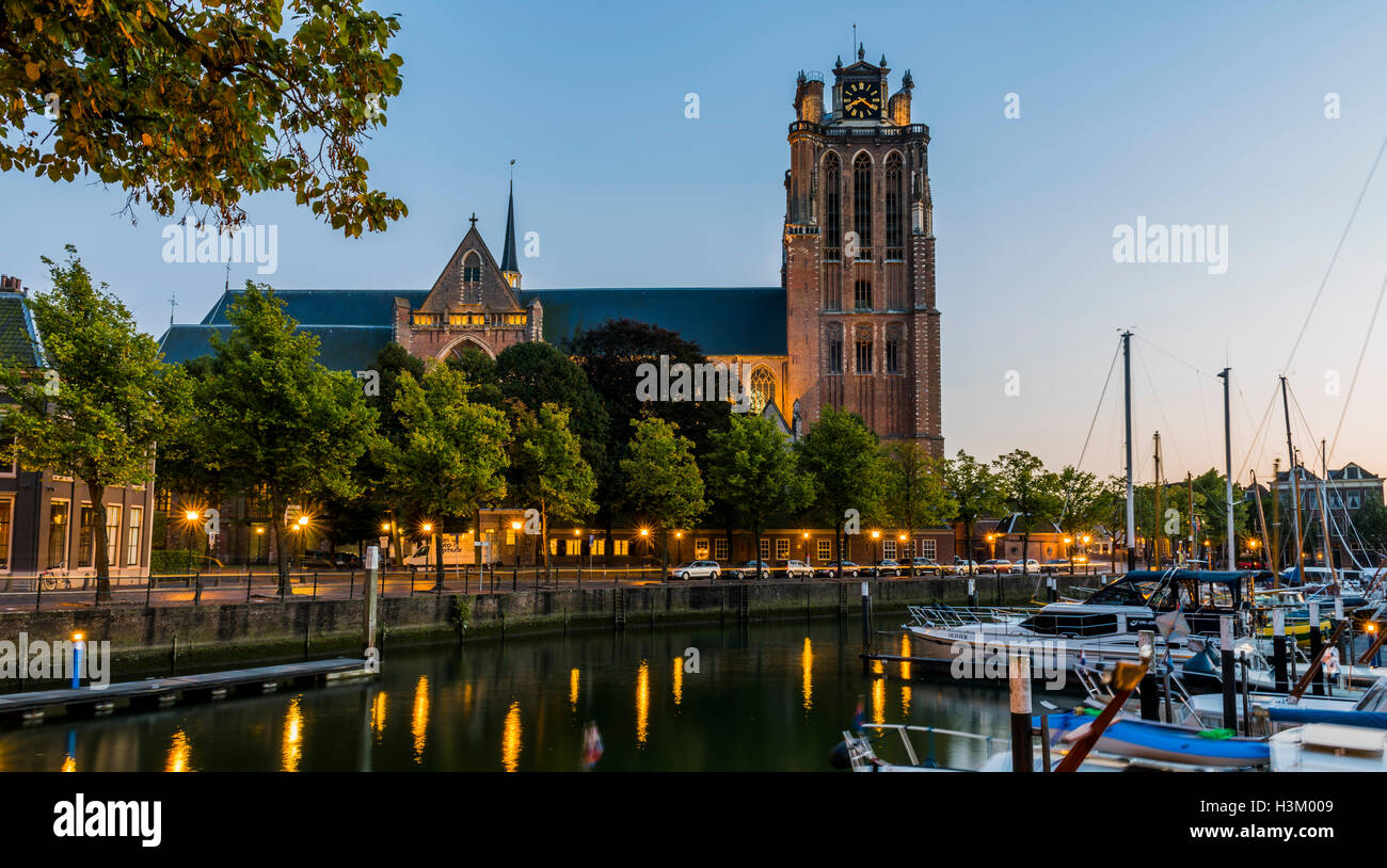 Large Church (Grote Kerk) of Dordrecht, Zuid-Holland, The Netherlands with yachts. Stock Photo